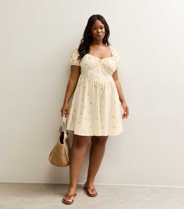 Curves White Poplin Lemon Print Milkmaid Mini Dress | New Look