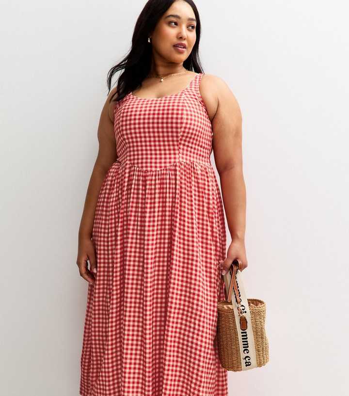 Curves Red Gingham Double Bow Back Midi Dress