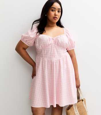 Curves Light Pink Gingham Check Milkmaid Mini Dress