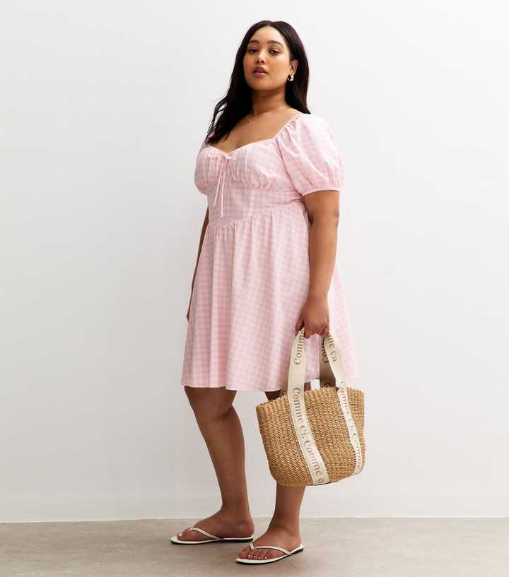 Curves Light Pink Gingham Check Milkmaid Mini Dress | New Look