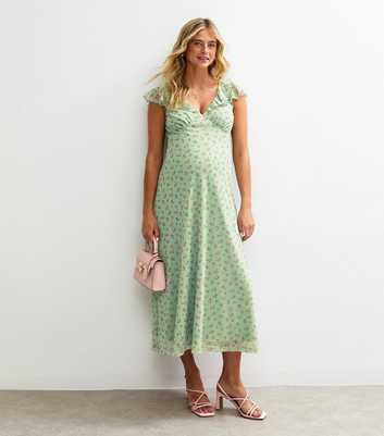 Maternity Green Ditsy Print Frill Sleeve V-Neck Midi Dress