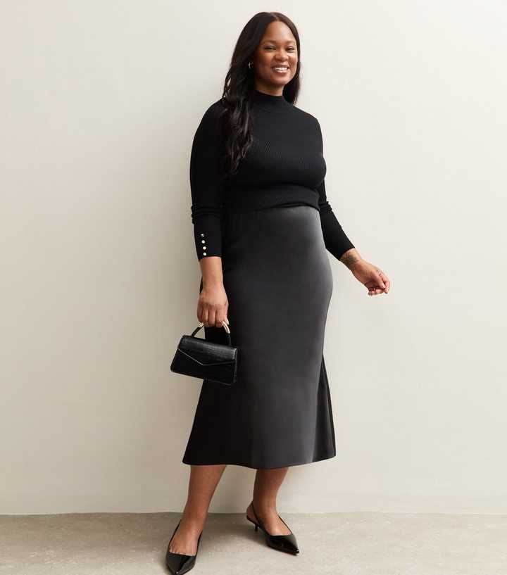 Curves Black Satin Midi Skirt