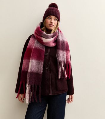 Burgundy Checked Heavyweight Scarf New Look