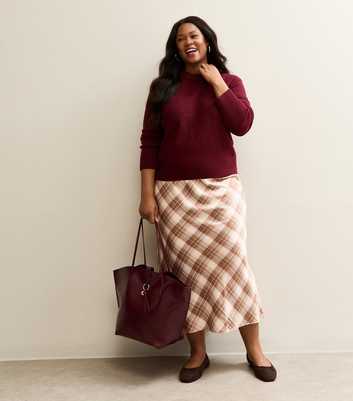 Curves Brown Checked Satin Bias Cut Midi Skirt