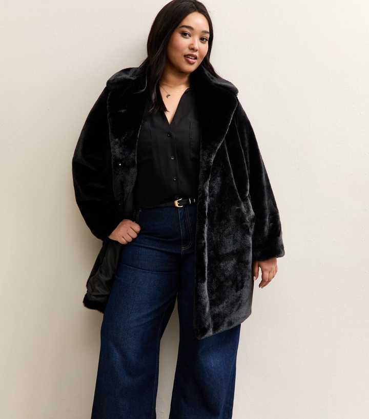 Curves Black Faux Fur Midi Coat