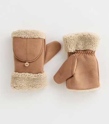 Camel Faux Suede Flip Top Mittens