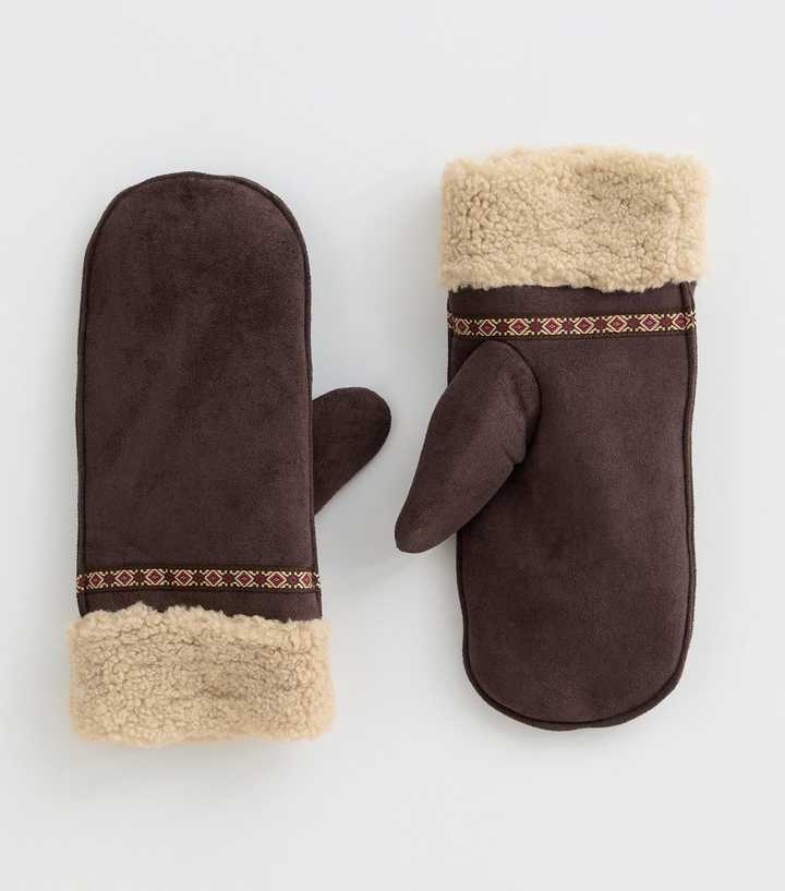 Brown Faux Suede Borg Trim Mittens