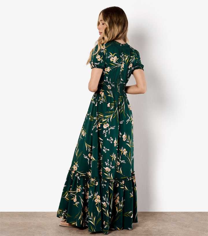 Apricot Green Floral Print Maxi Smock Dress