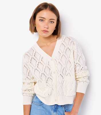 Apricot White Pointelle Knit Cardigan