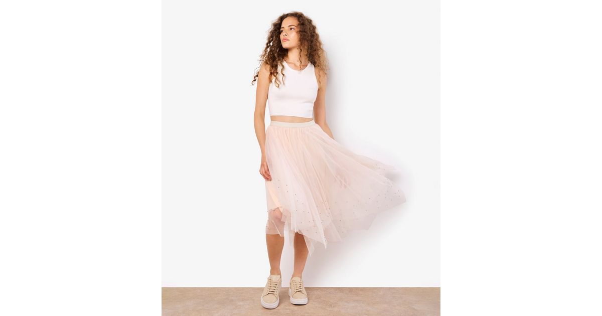Apricot Pink Sequinned Tulle Midi Skirt New Look