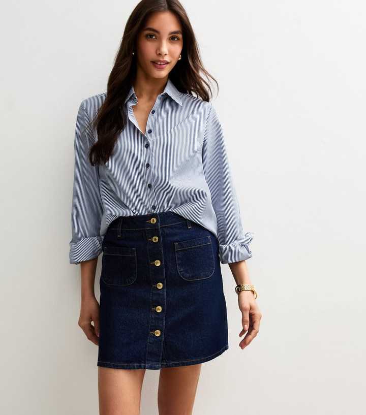 Navy Denim Button Front Mini Skirt 