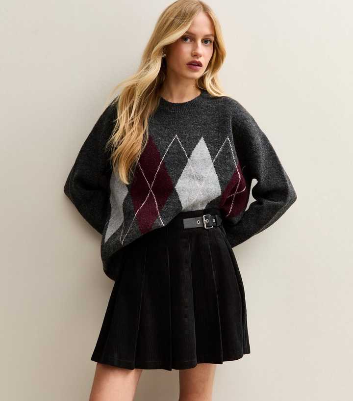 Black Corduroy Pleated Buckle Mini Skirt
