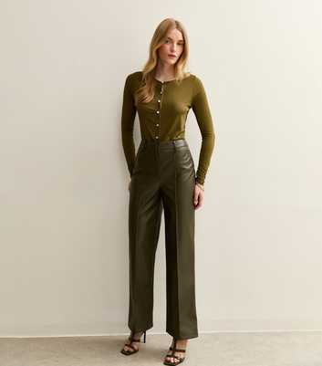 Khaki Faux Leather Wide Leg Trousers