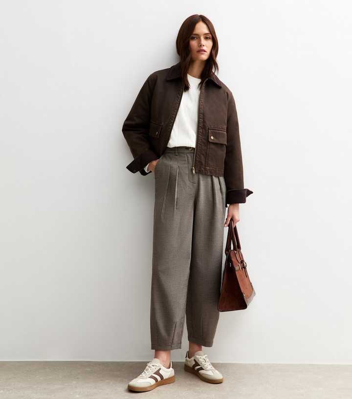 Brown Herringbone Check Pattern Barrel Leg Tailored Trousers