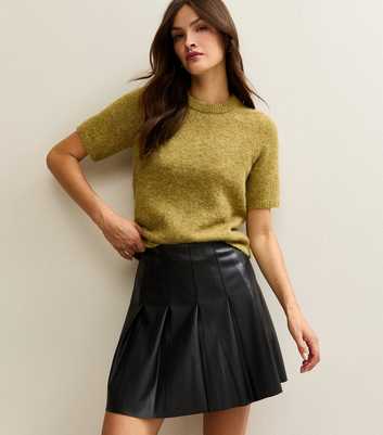 Tall Black Pleated Faux Leather Mini Skirt
