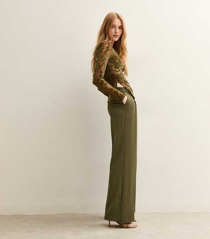 Khaki Pleated Front Wide Leg Trousers