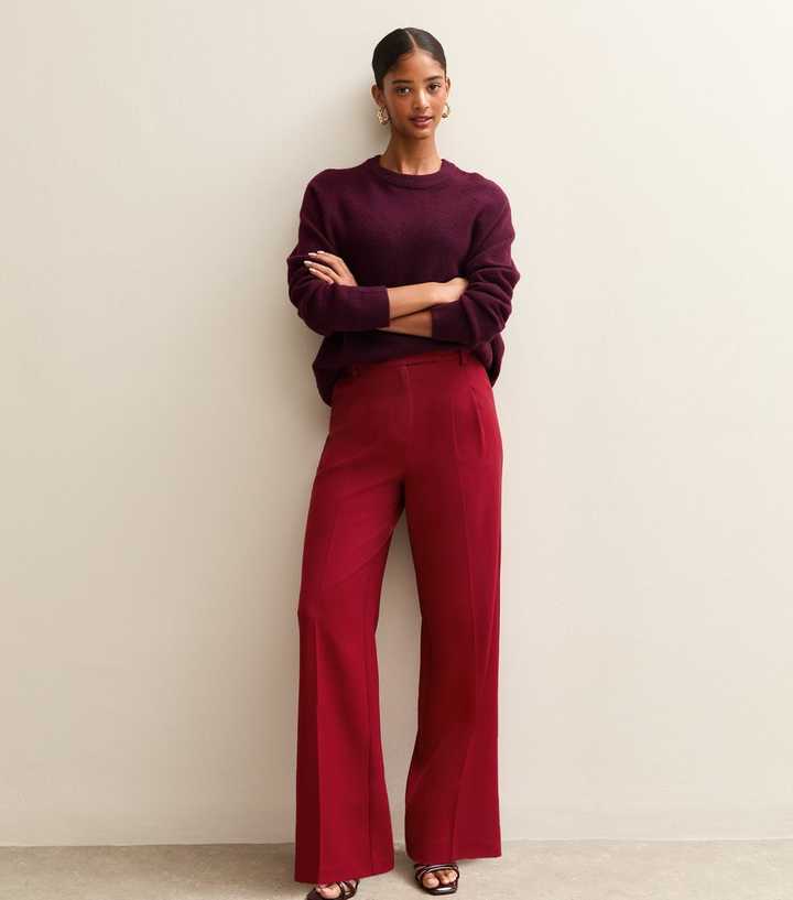 Bright Red Pleated Front Wide Leg Trousers