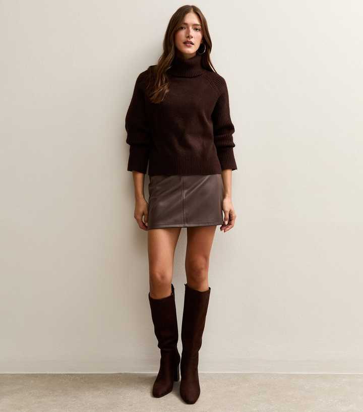 Dark Brown Faux Leather A-Line Mini Skirt
