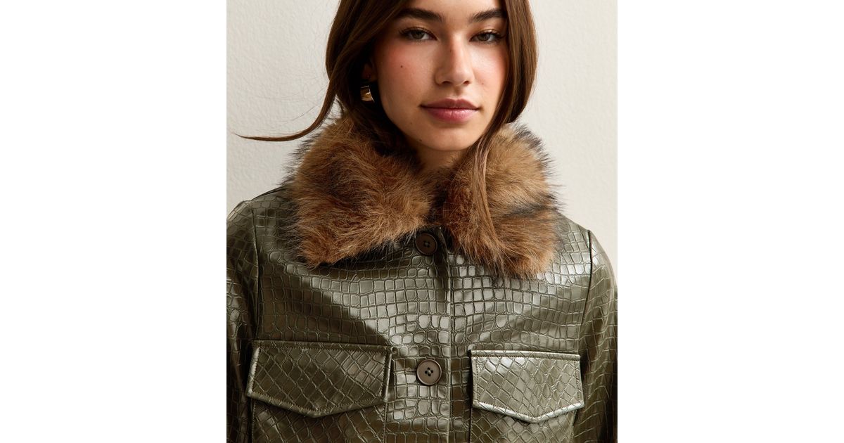 Green Faux Leather Crocodile Embossed Long Sleeve Jacket New Look