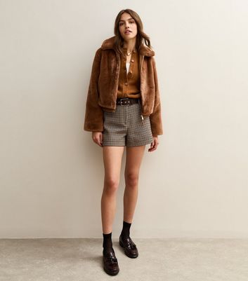 Brown Houndstooth Check Belted Shorts | New Look