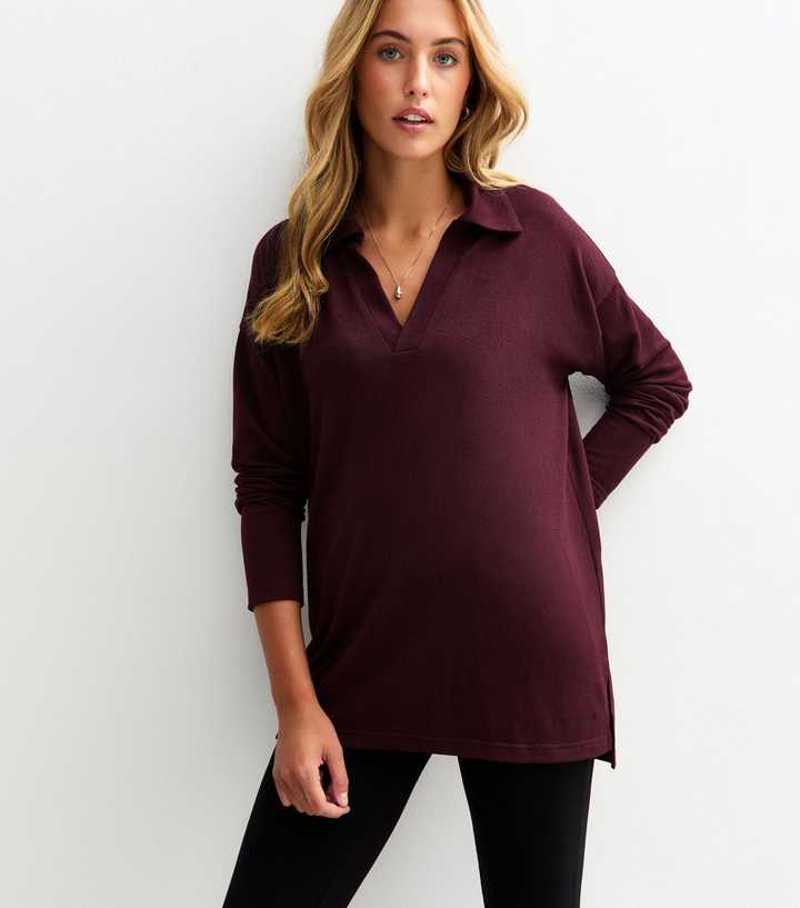 Tall Dark Purple Soft Touch Long Sleeve Polo Top