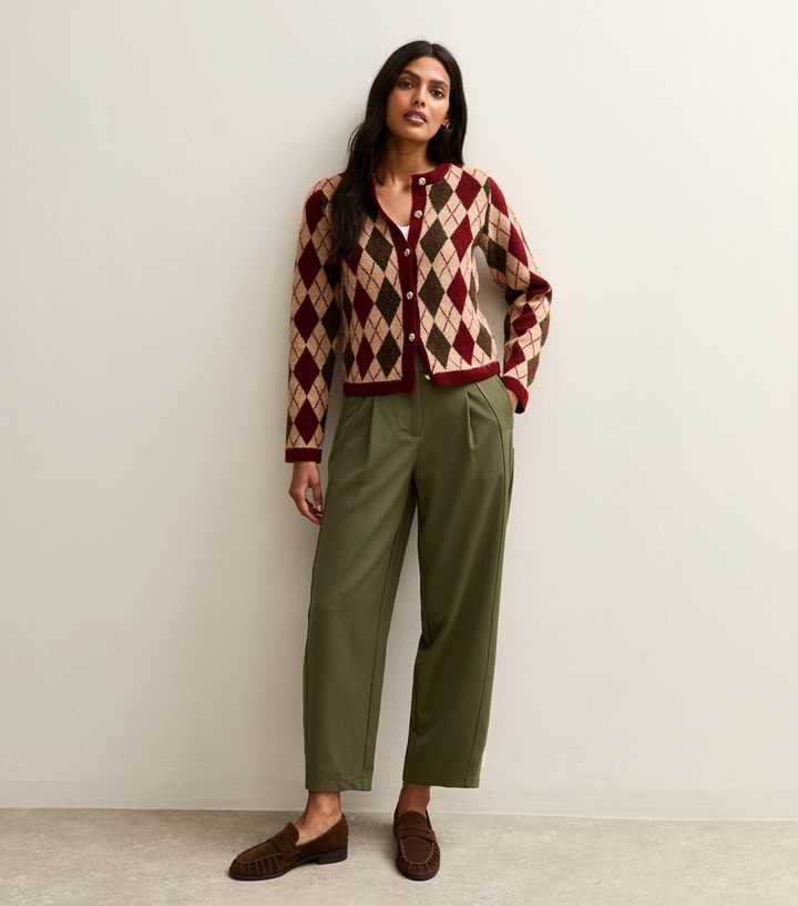 Khaki Barrel Leg Tailored Trousers