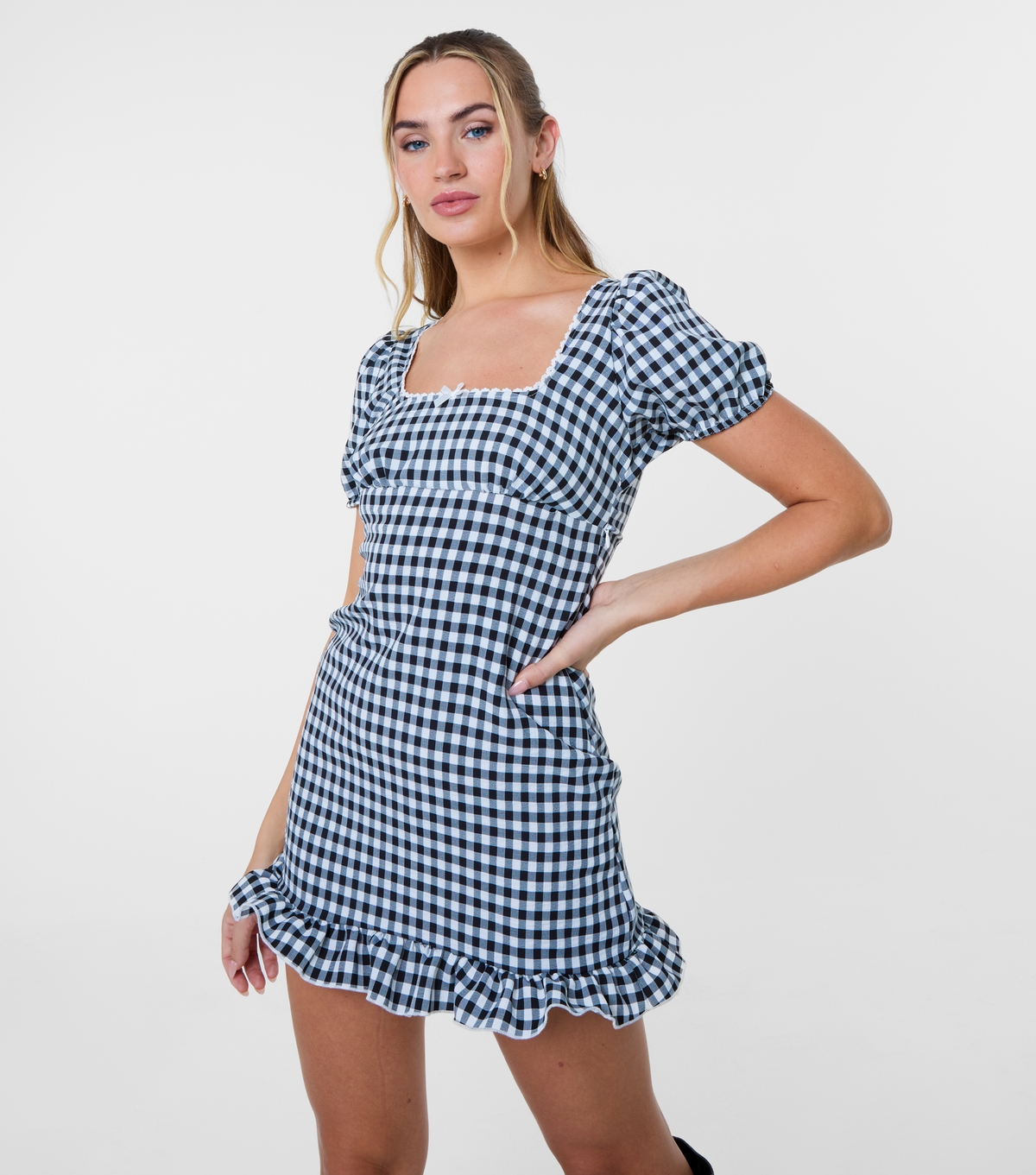 Pink Vanilla Women's Black Pattern Black Gingham Puff Sleeve Mini Dress New Look Uk Size 8