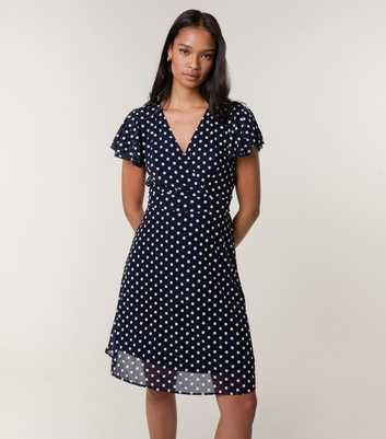 Blue Vanilla Navy Spot Mesh Frill Sleeve Midi Dress