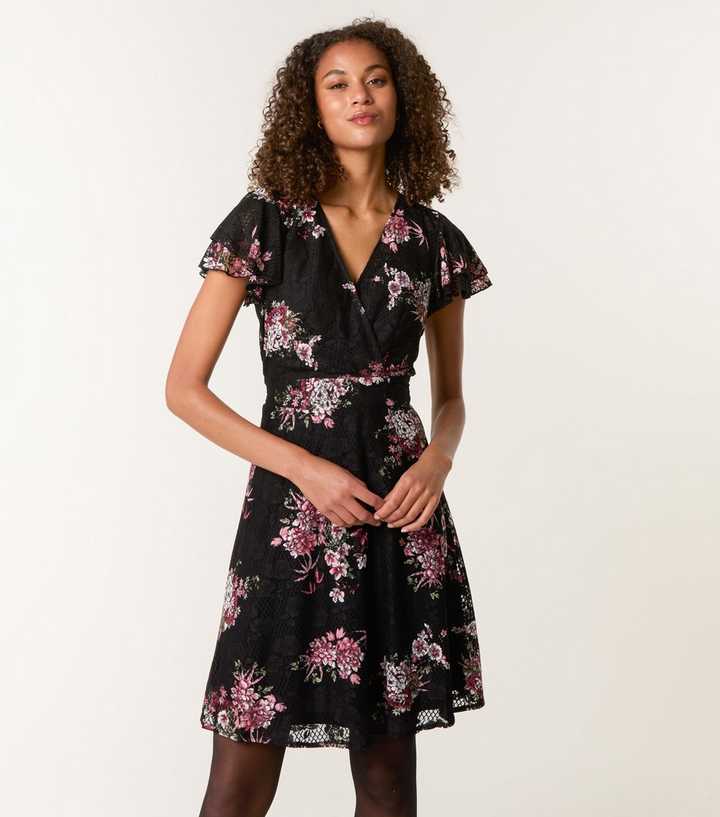 Blue Vanilla Black Floral Mesh Wrap Style Mini Dress
