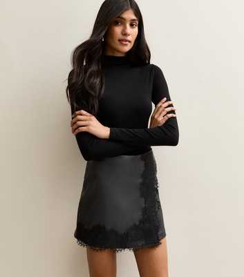 Black Faux Leather Lace Trim Wrap Mini Skort