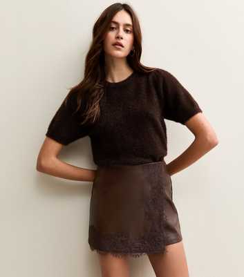 Brown Faux Leather Lace Trim Wrap Mini Skort