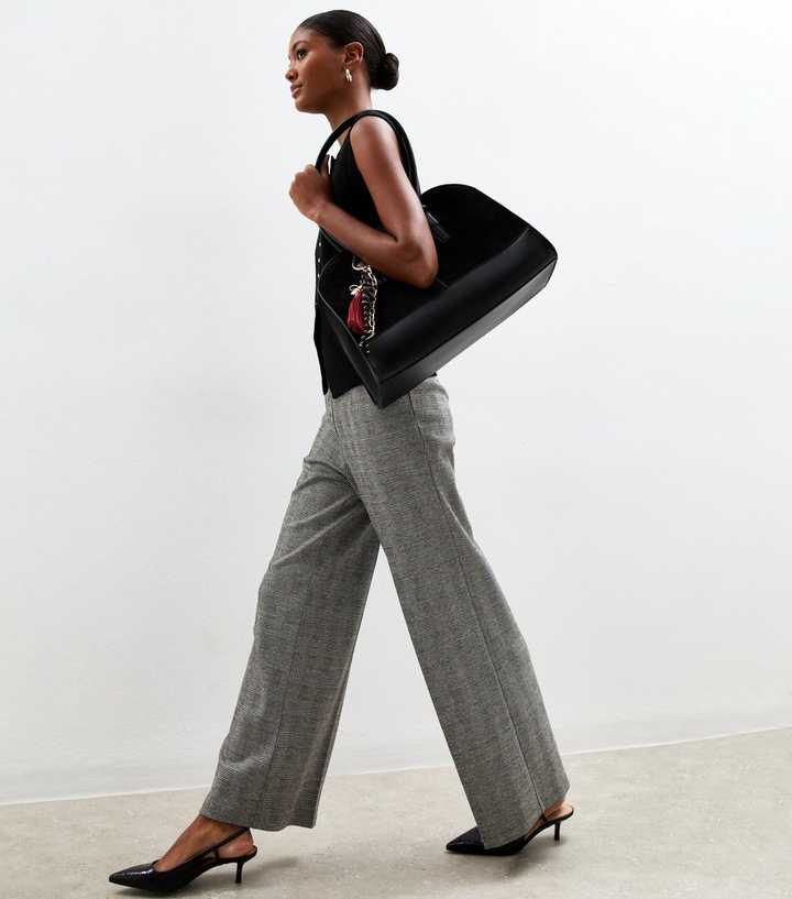 Grey Jersey Checked Wide Leg Trousers