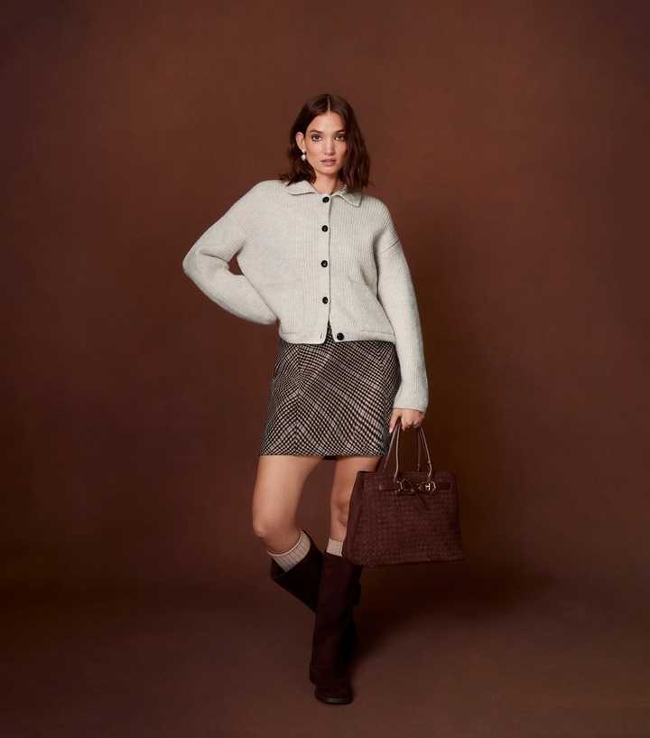 Brown Bias Cut Check Mini Skirt