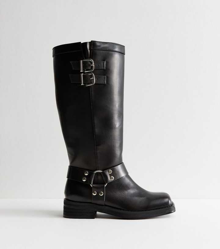 Public Desire Wide Fit Black Faux Leather Buckled Tab Biker Boots