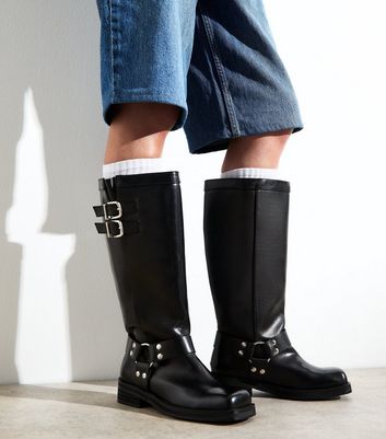 Public Desire Wide Fit Black Faux Leather Buckled Tab Biker Boots
