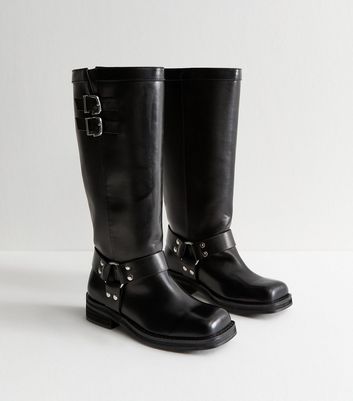 Public Desire Wide Fit Black Faux Leather Buckled Tab Biker Boots