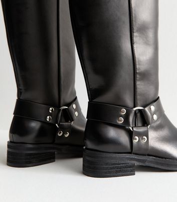 Public Desire Wide Fit Black Faux Leather Buckled Tab Biker Boots