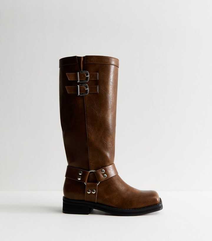 Public Desire Tan Faux Leather Buckled Tab Biker Boots