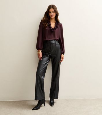 Ax Paris Black Leather Pants Wide Leg AX Paris Ruched High Neck
