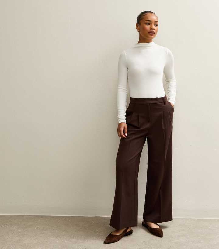 Petite Brown Wide Leg Pleated Trousers