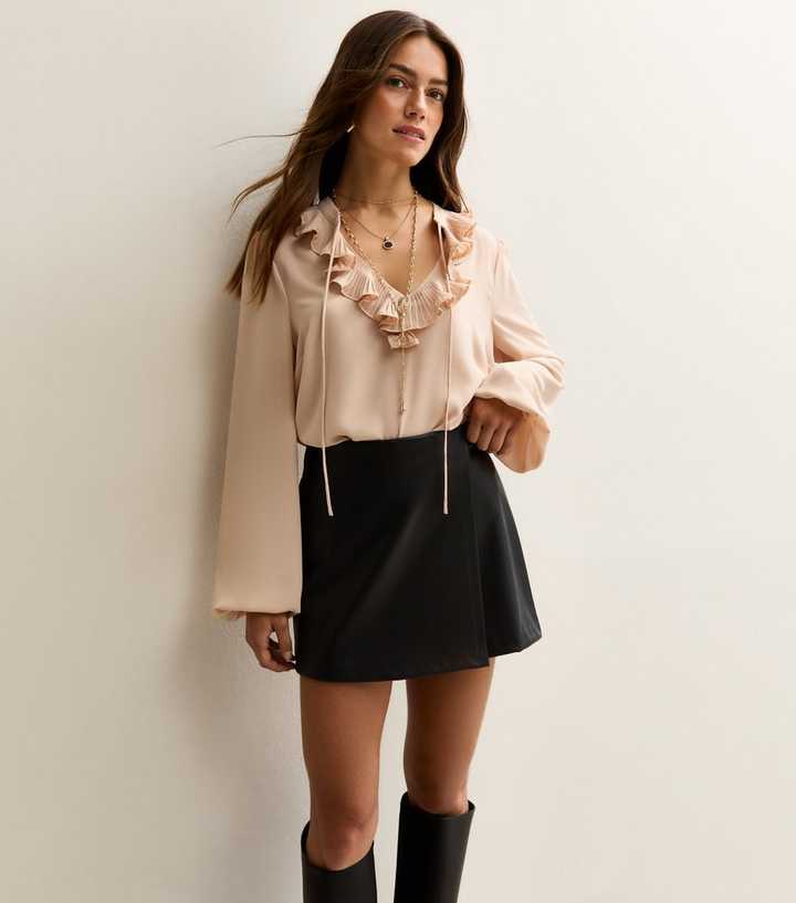 Petite Black Faux Leather Wrap Skort