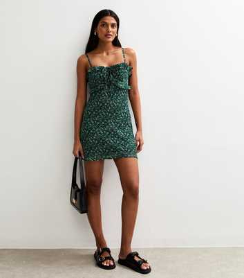 Green Chiffon Floral Print Strappy Mini Dress