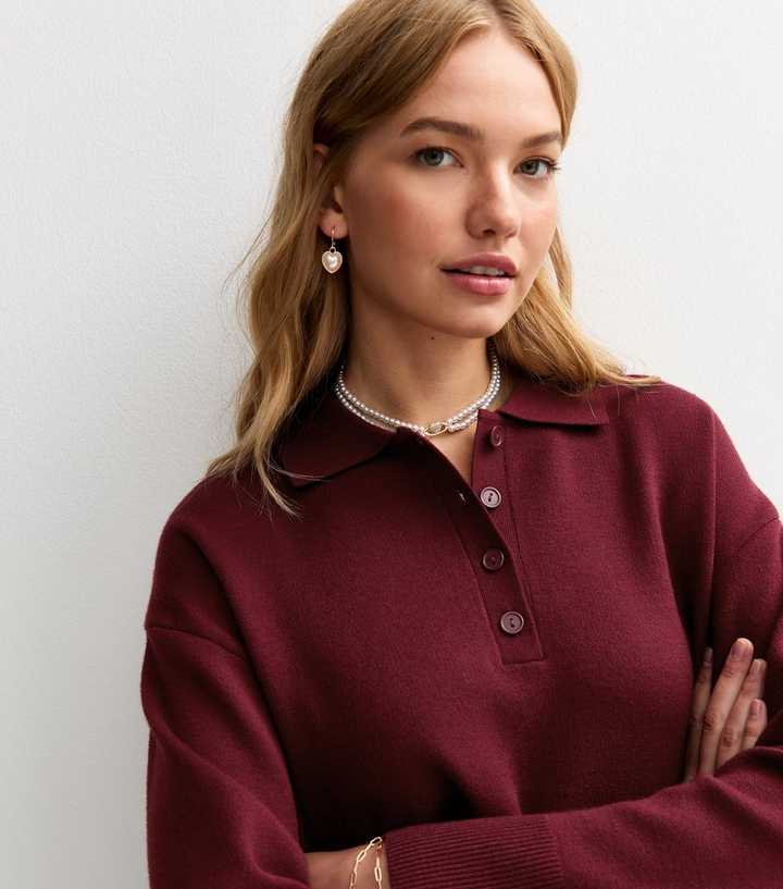 Light Burgundy Compact Knit Buttoned Collar Polo Shirt