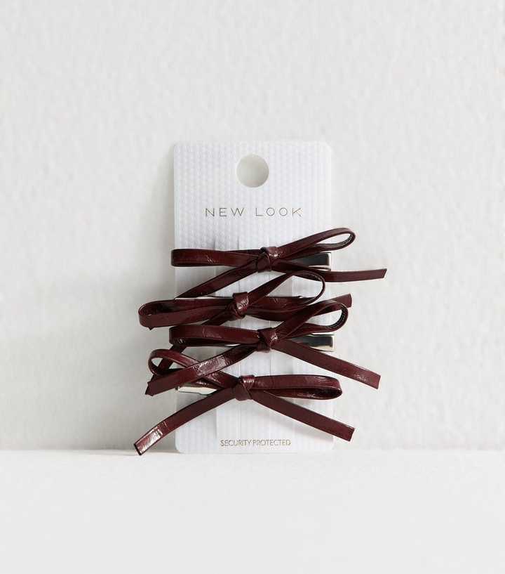 Pack of 4 Burgundy Faux Leather Bow Applique Hair Slides