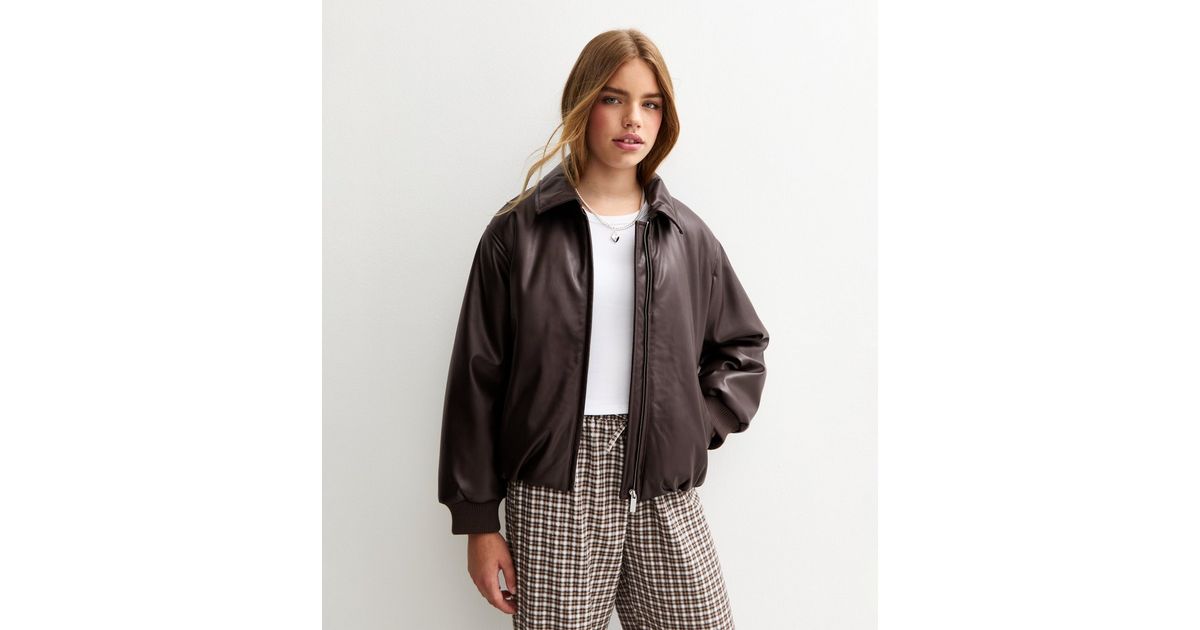 Girls Dark Brown Bubble Hem Faux Leather Jacket | New Look