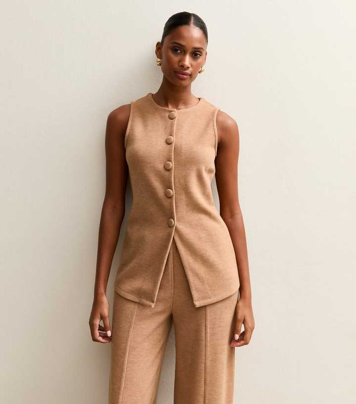 Camel Soft Touch Compact Knit Split Front Waistcoat