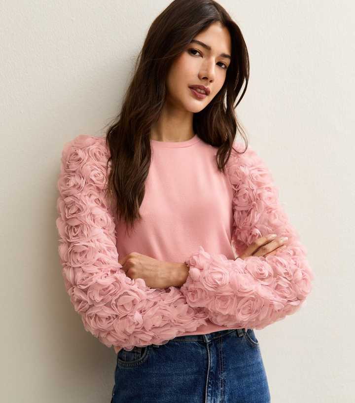 Pink Rose Appliqued Sleeve Top