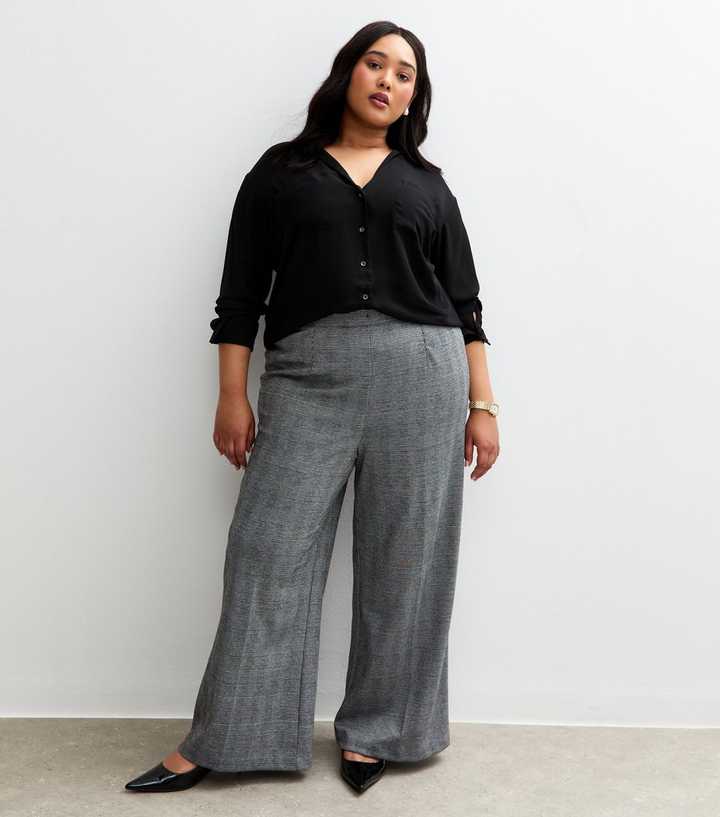 Curves Black Check Pattern Wide Leg Trousers