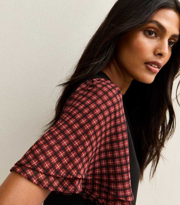 Black Soft Touch Checked Sleeve Top