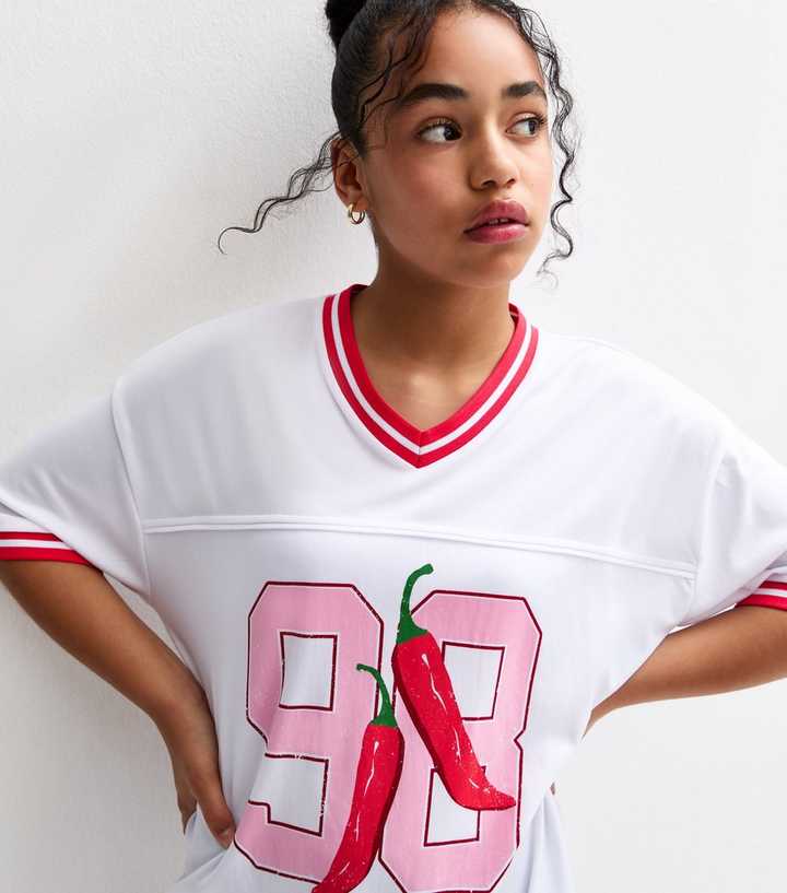 Girls White 98 Chilli Print Football Top